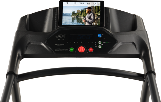 Imagem da esteira ProForm Cadence 4.0 com um tablet exibindo um homem correndo à beira de um lago.